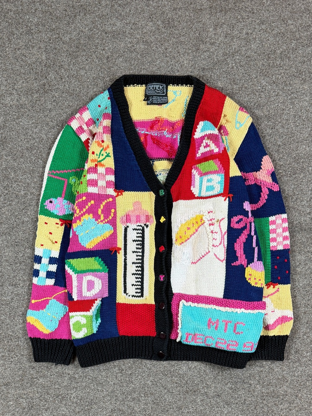 Vintage Baby Theme Handโ Knit Cardigan Sweater Womenโs M Art-To-Wear Teachercore
